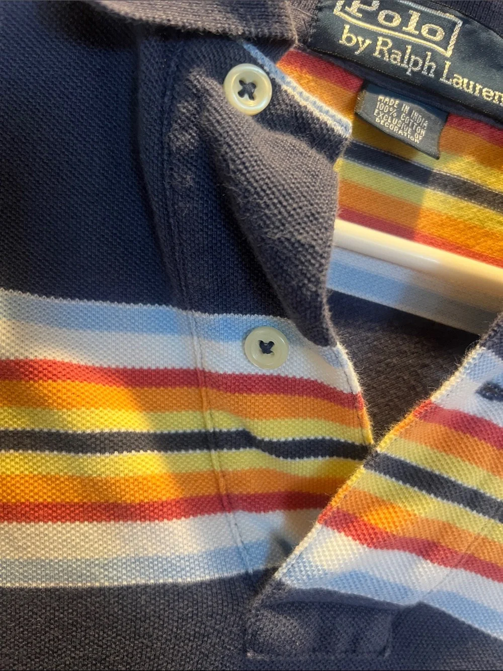 Polo by Ralph Lauren Navy Polo with Yellow, Red and Light Blue Stripes Medium